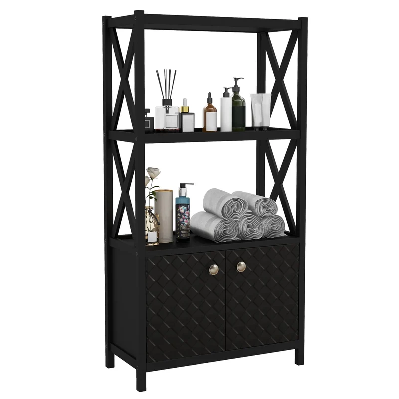 Bathroom Storage Cabinet, Double Doors, Open Shelves, Black