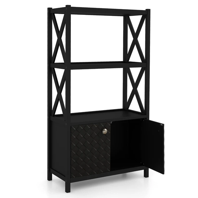 Bathroom Storage Cabinet, Double Doors, Open Shelves, Black