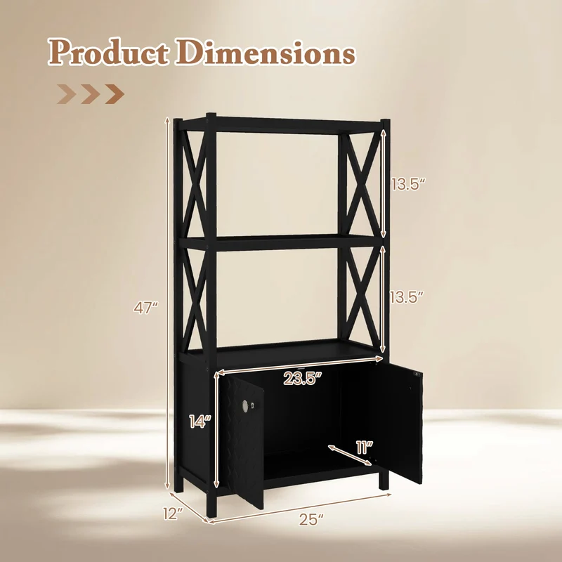 Bathroom Storage Cabinet, Double Doors, Open Shelves, Black