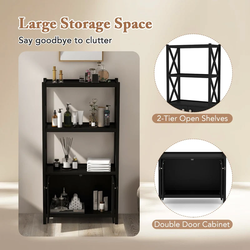 Bathroom Storage Cabinet, Double Doors, Open Shelves, Black
