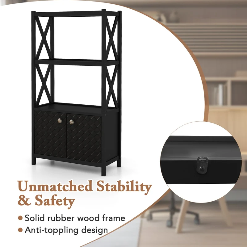 Bathroom Storage Cabinet, Double Doors, Open Shelves, Black