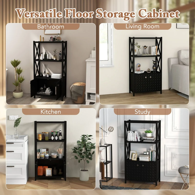 Bathroom Storage Cabinet, Double Doors, Open Shelves, Black