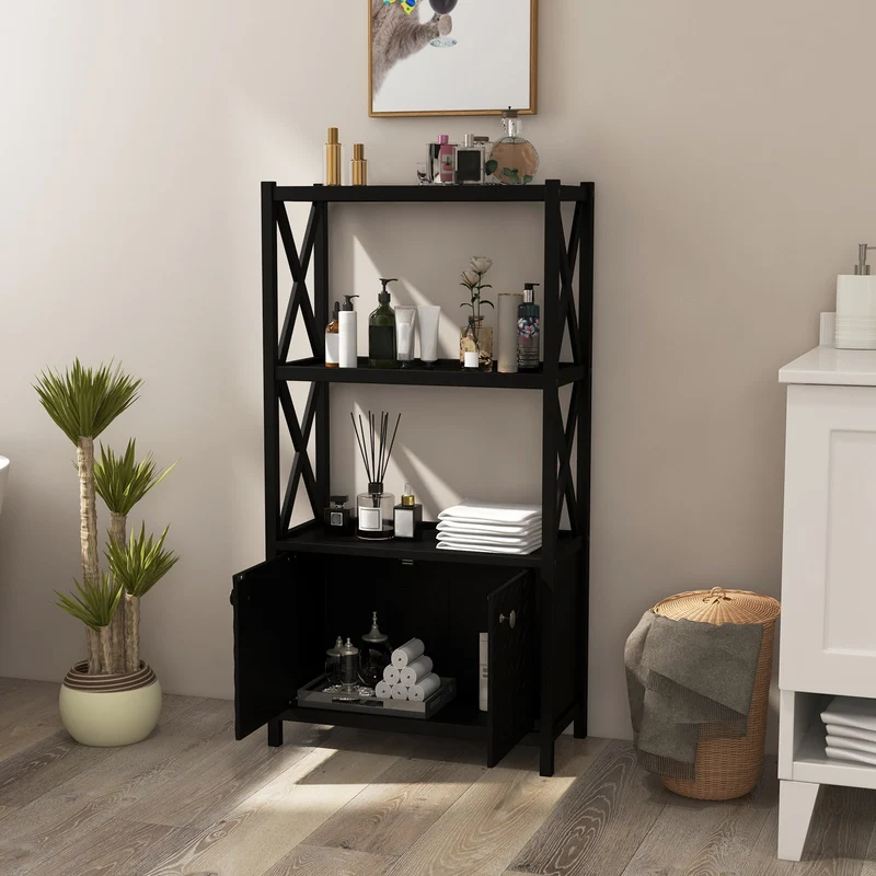 Bathroom Storage Cabinet, Double Doors, Open Shelves, Black