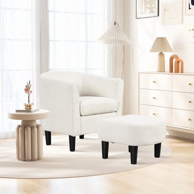 Teddy Velvet Club Barrel Chair With Ottoman, Beige