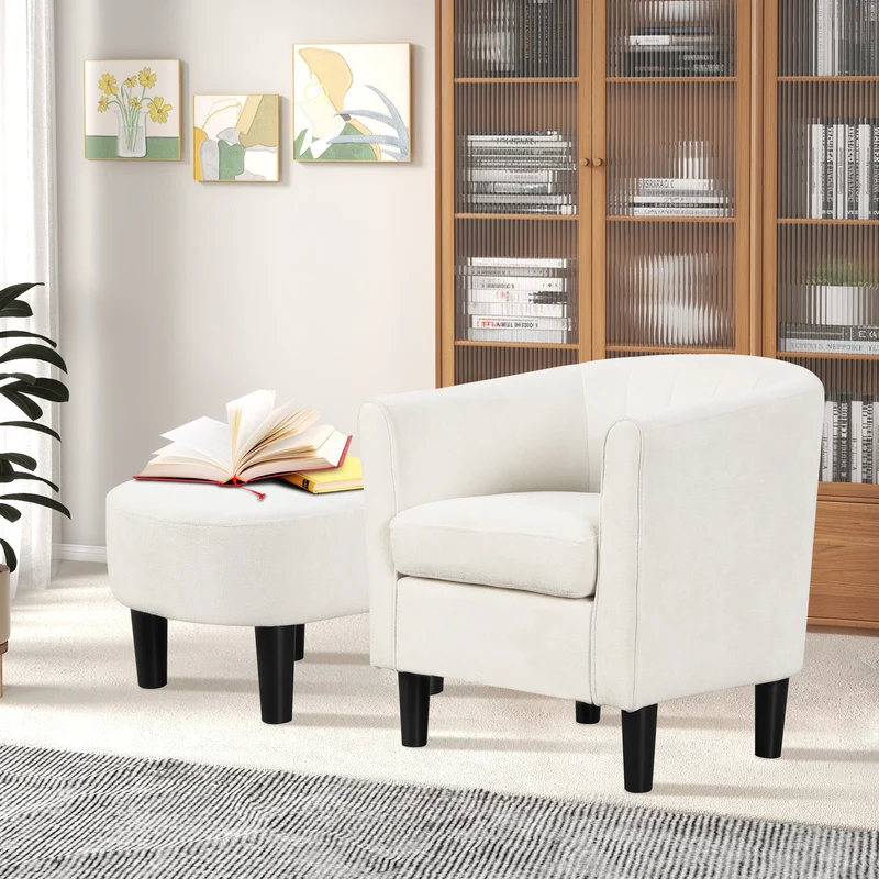 Teddy Velvet Club Barrel Chair With Ottoman, Beige