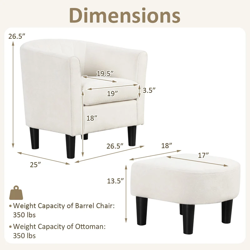 Teddy Velvet Club Barrel Chair With Ottoman, Beige