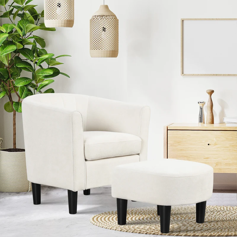 Teddy Velvet Club Barrel Chair With Ottoman, Beige