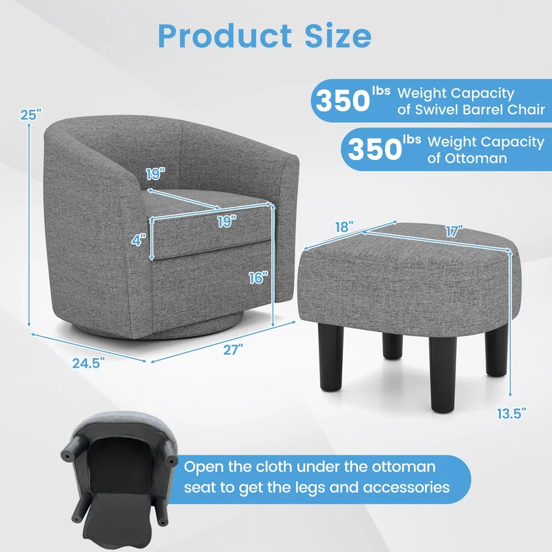 Modern Club Swivel Accent Chair With Ottoman Footrest, Gray