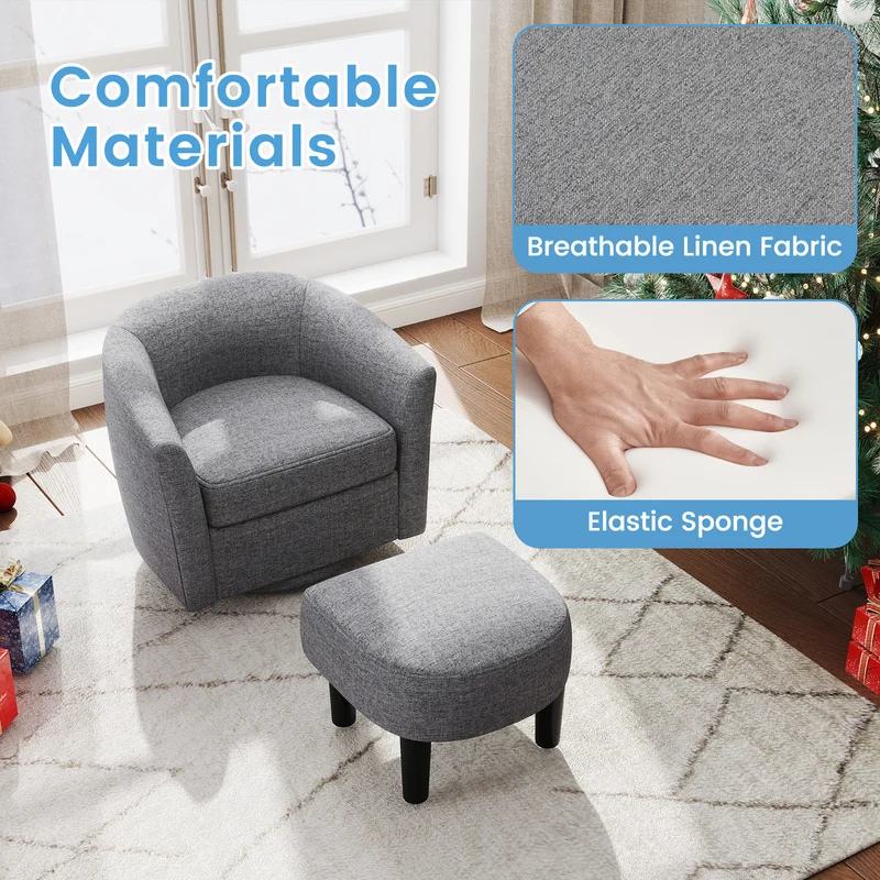 Modern Club Swivel Accent Chair With Ottoman Footrest, Gray