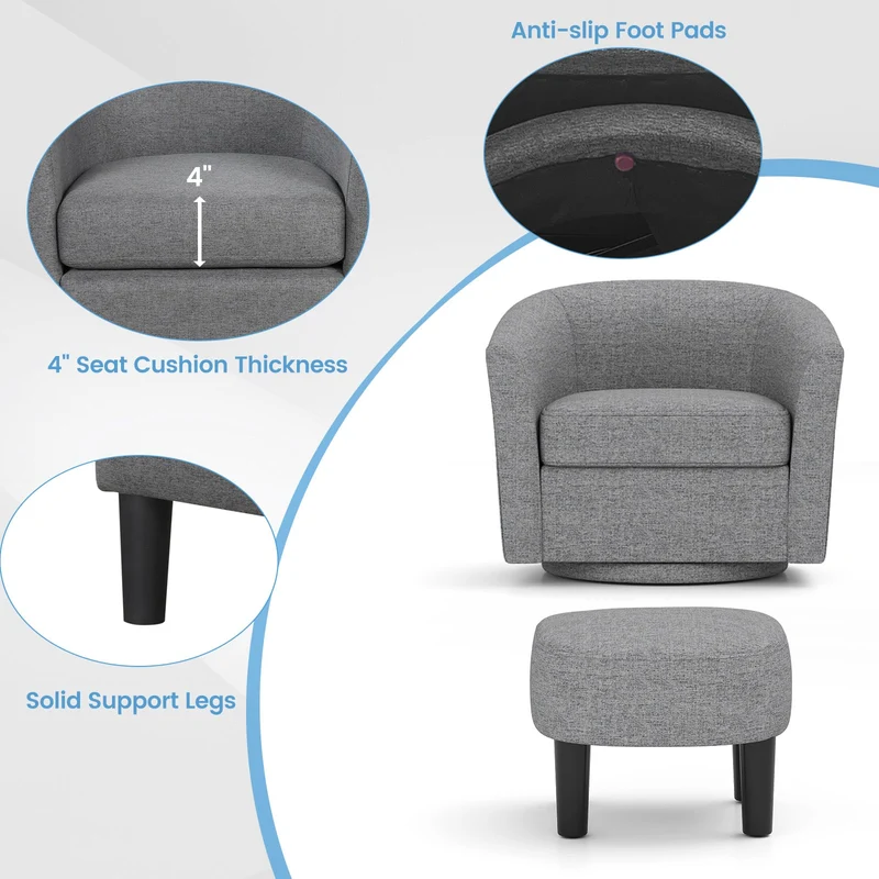 Modern Club Swivel Accent Chair With Ottoman Footrest, Gray