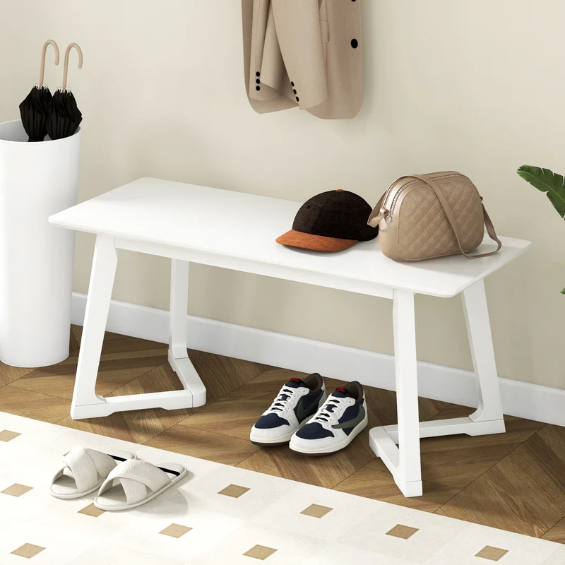 42 Inch Modern Entryway Bench, Rubber Wood Legs, White