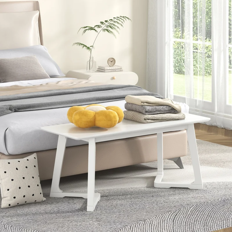 42 Inch Modern Entryway Bench, Rubber Wood Legs, White