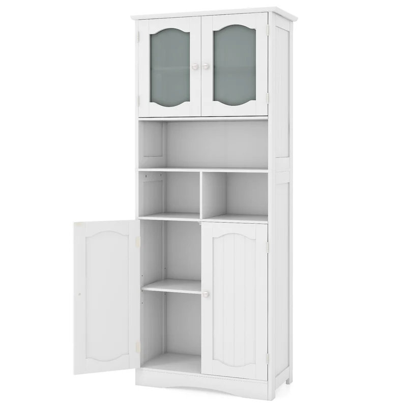 58.5 Inch Freestanding Linen Cabinet, Frost Glass Doors, White