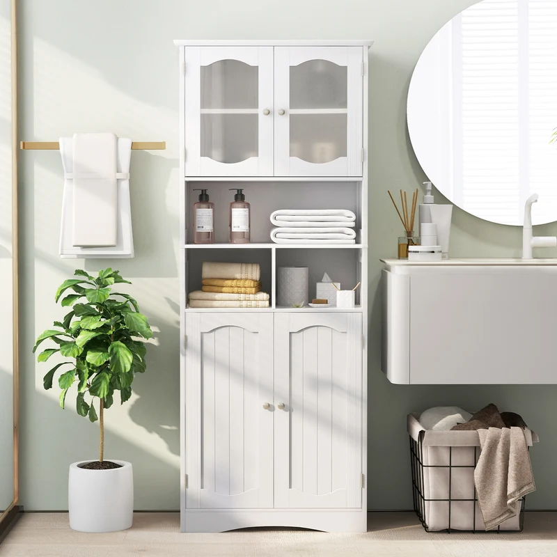 58.5 Inch Freestanding Linen Cabinet, Frost Glass Doors, White