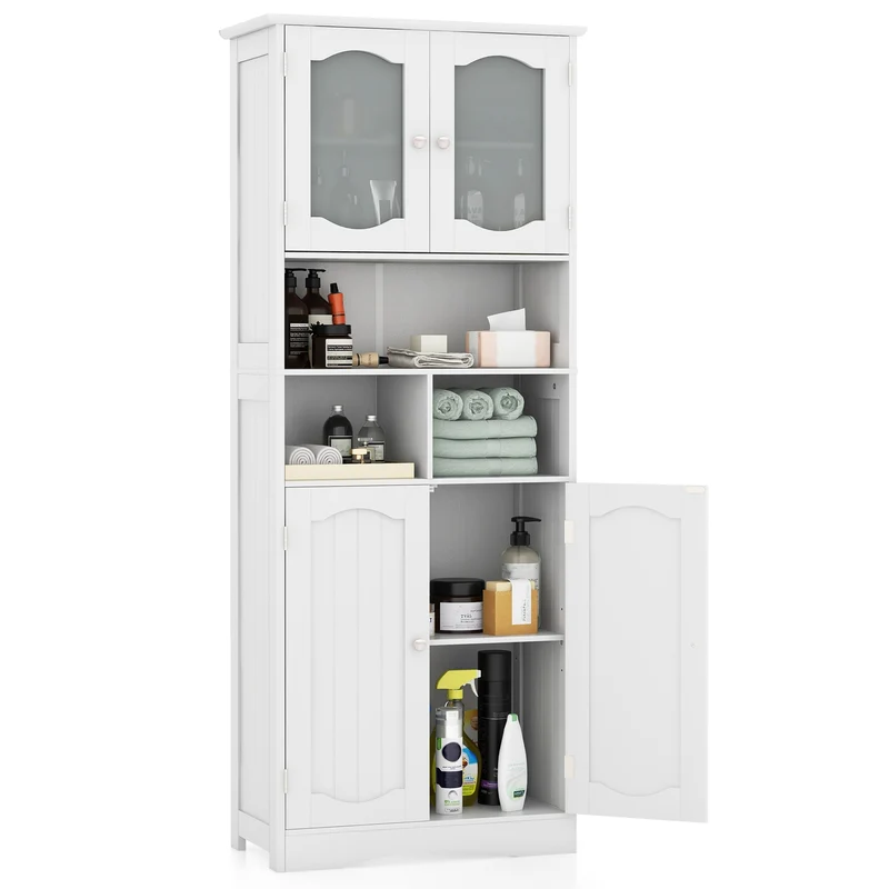 58.5 Inch Freestanding Linen Cabinet, Frost Glass Doors, White
