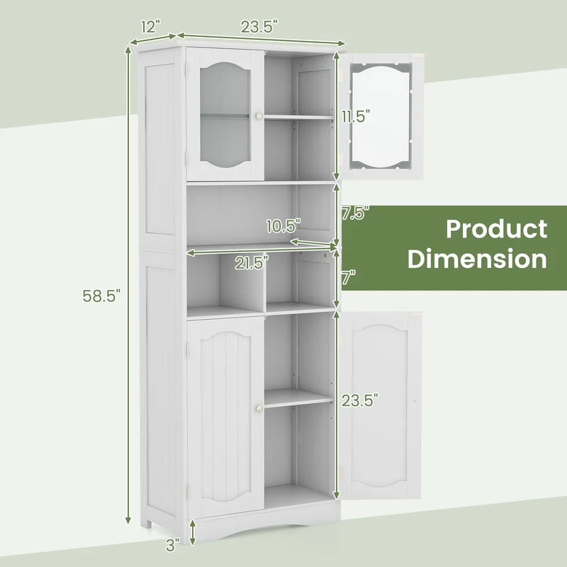 58.5 Inch Freestanding Linen Cabinet, Frost Glass Doors, White