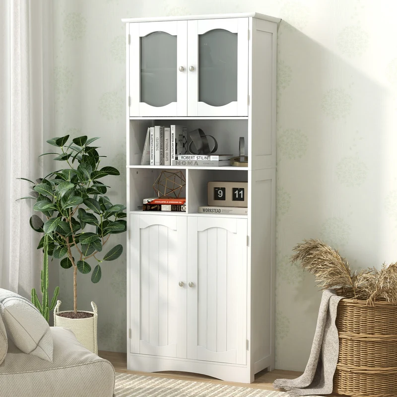 58.5 Inch Freestanding Linen Cabinet, Frost Glass Doors, White