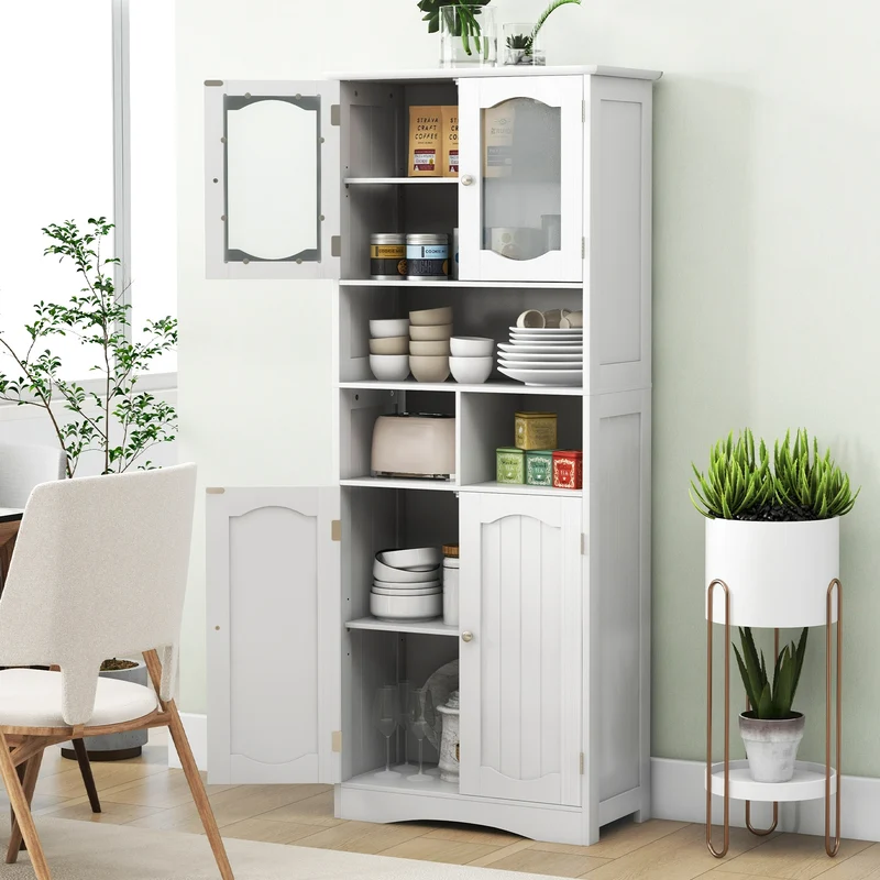 58.5 Inch Freestanding Linen Cabinet, Frost Glass Doors, White