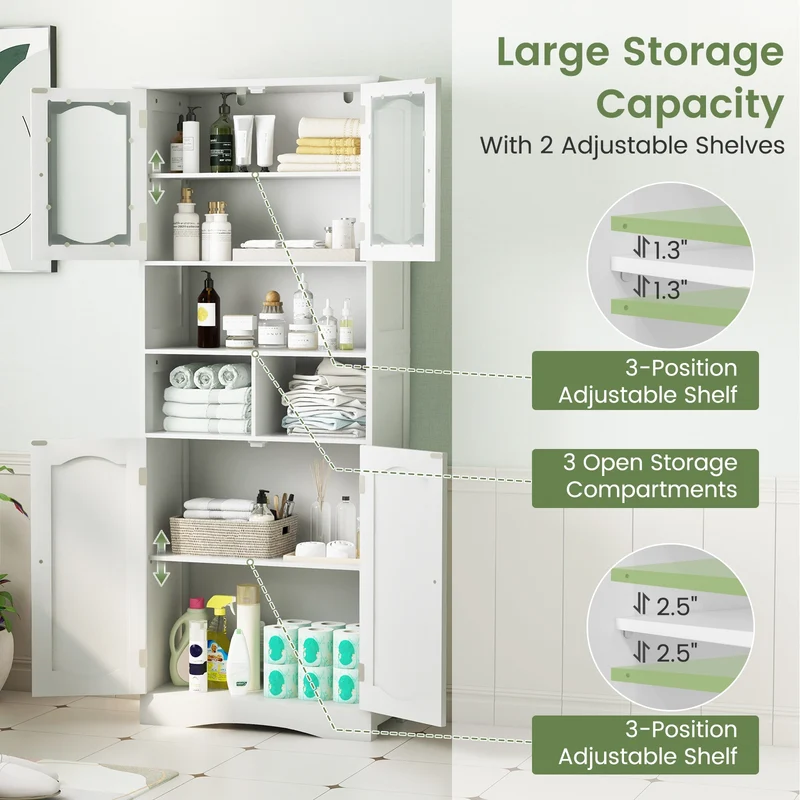 58.5 Inch Freestanding Linen Cabinet, Frost Glass Doors, White