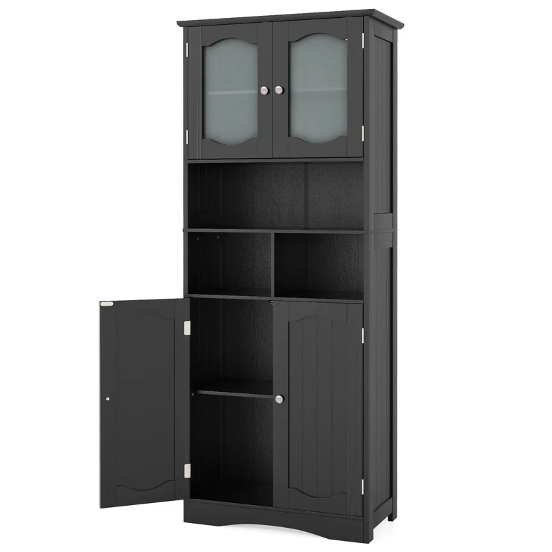 58.5 Inch Freestanding Linen Cabinet, Frost Glass Doors, Black