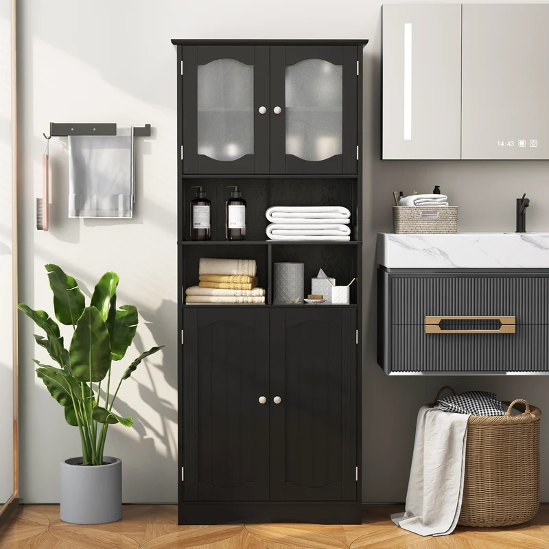 58.5 Inch Freestanding Linen Cabinet, Frost Glass Doors, Black