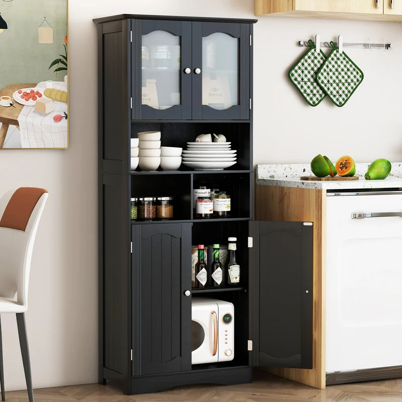 58.5 Inch Freestanding Linen Cabinet, Frost Glass Doors, Black