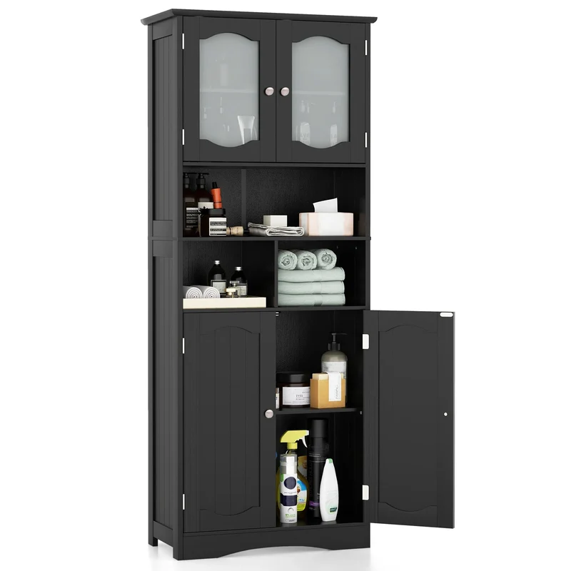 58.5 Inch Freestanding Linen Cabinet, Frost Glass Doors, Black