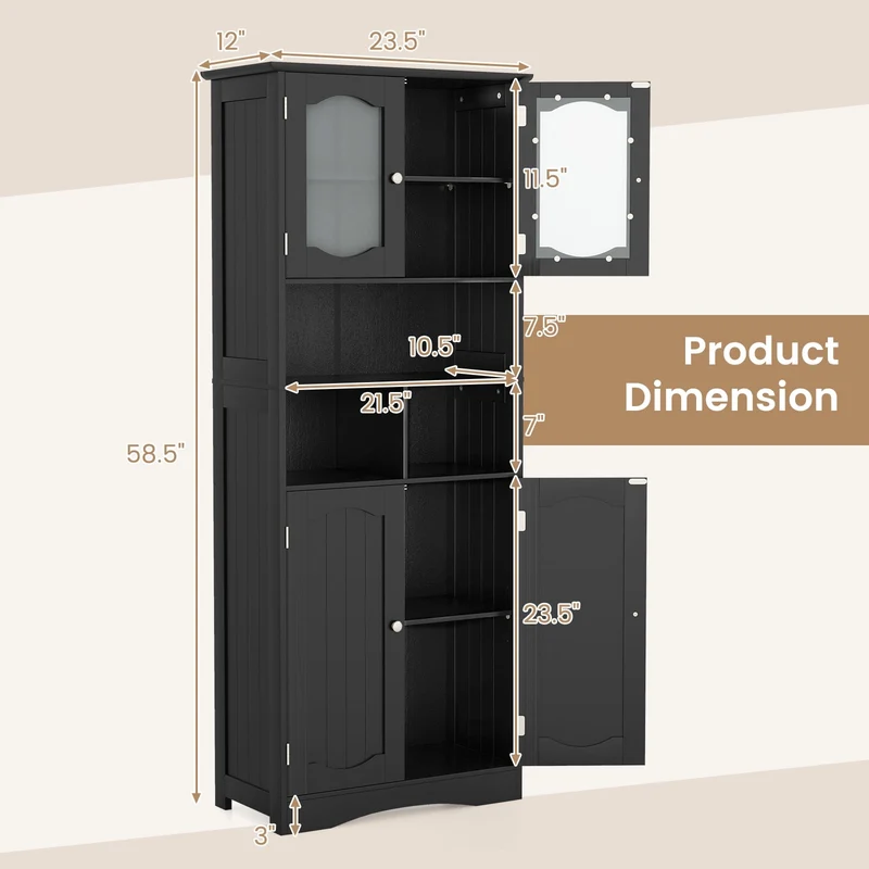 58.5 Inch Freestanding Linen Cabinet, Frost Glass Doors, Black