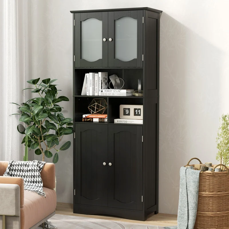 58.5 Inch Freestanding Linen Cabinet, Frost Glass Doors, Black