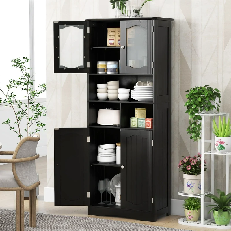 58.5 Inch Freestanding Linen Cabinet, Frost Glass Doors, Black