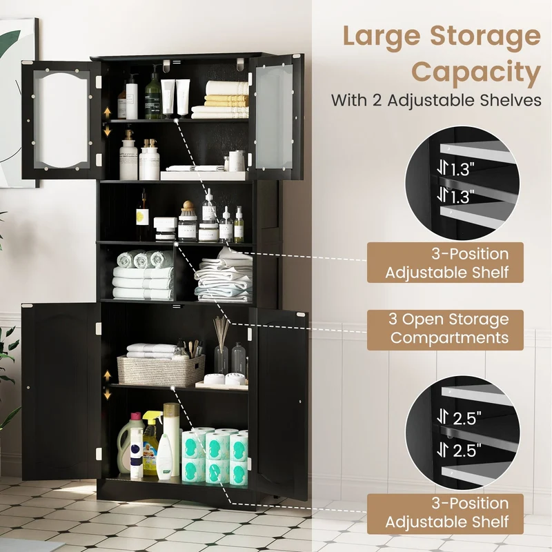 58.5 Inch Freestanding Linen Cabinet, Frost Glass Doors, Black