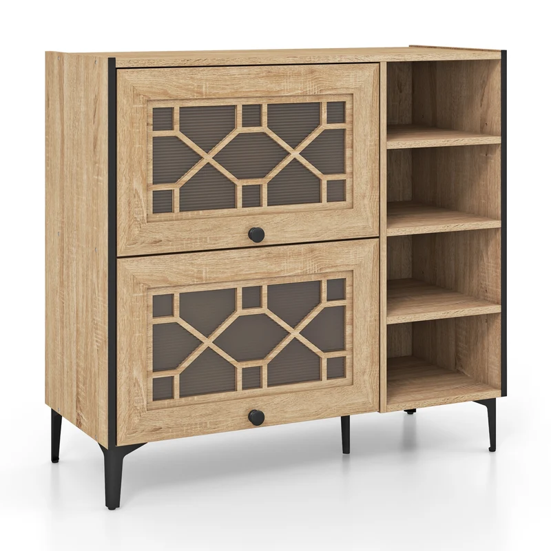 Rustic Shoe Cabinet, Flip-up See-through Doors, Adjustable Shelves, Oak