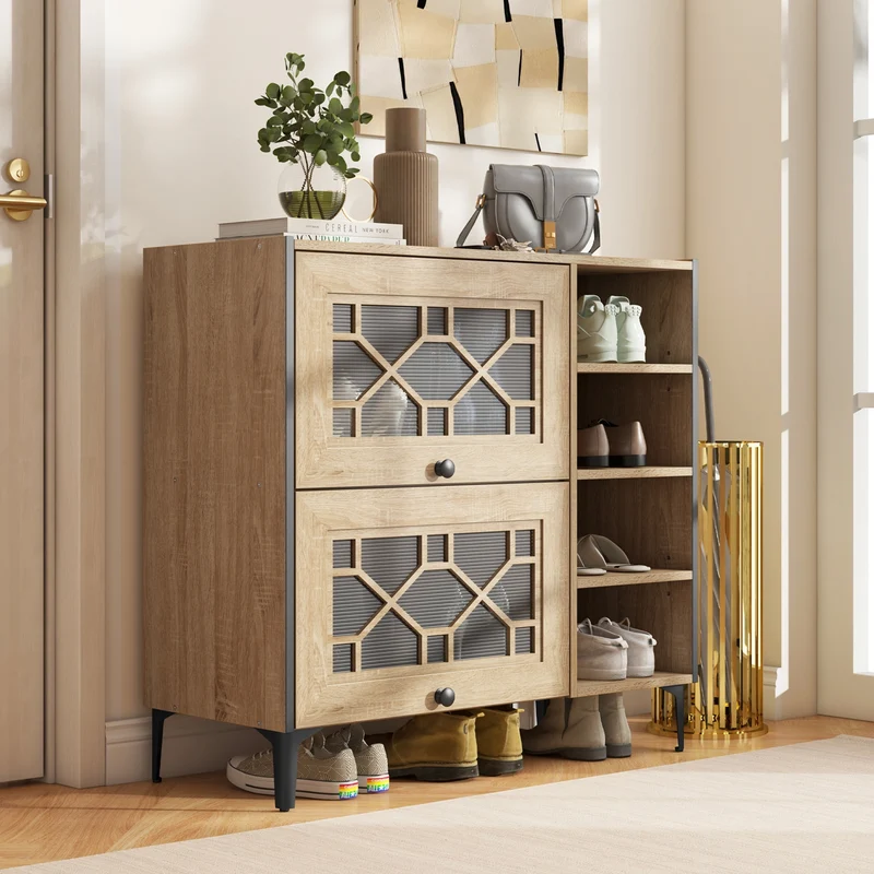 Rustic Shoe Cabinet, Flip-up See-through Doors, Adjustable Shelves, Oak