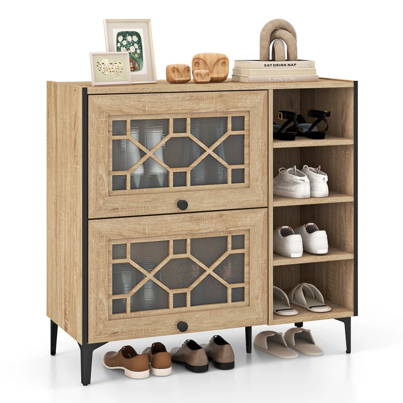 Rustic Shoe Cabinet, Flip-up See-through Doors, Adjustable Shelves, Oak