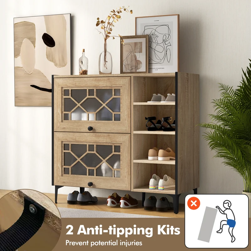 Rustic Shoe Cabinet, Flip-up See-through Doors, Adjustable Shelves, Oak
