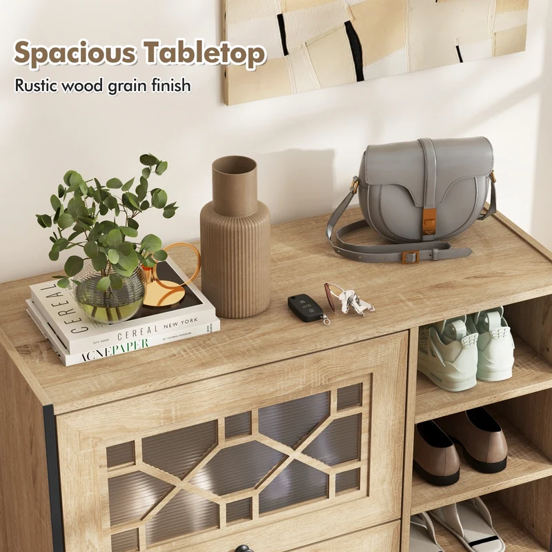 Rustic Shoe Cabinet, Flip-up See-through Doors, Adjustable Shelves, Oak