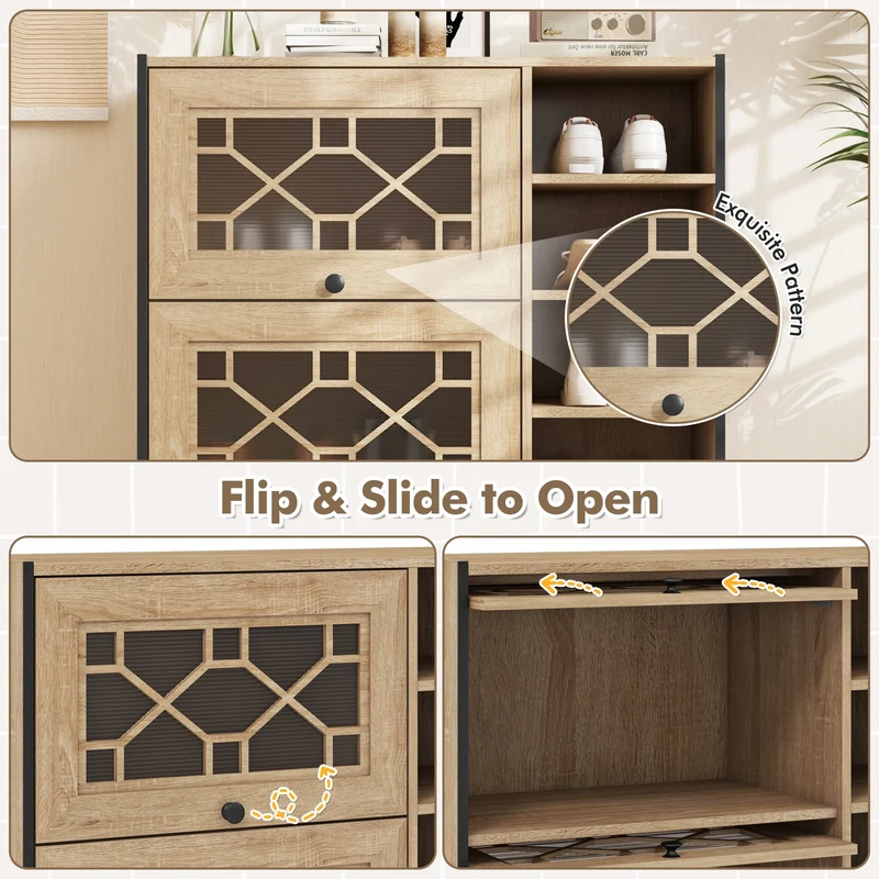 Rustic Shoe Cabinet, Flip-up See-through Doors, Adjustable Shelves, Oak