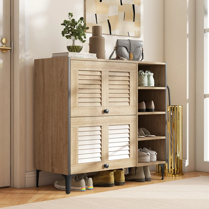 Shoe Rack Organizer With Flip-Up Doors, Adjustable Shelves, Oak