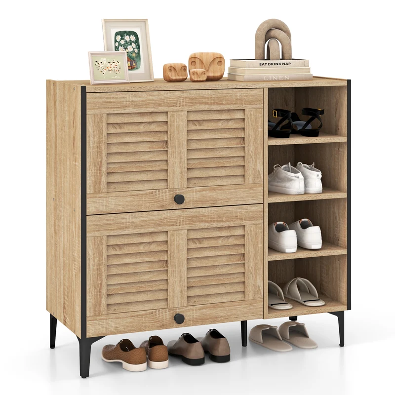 Shoe Rack Organizer With Flip-Up Doors, Adjustable Shelves, Oak
