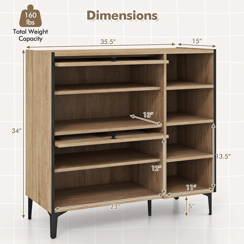 Shoe Rack Organizer With Flip-Up Doors, Adjustable Shelves, Oak
