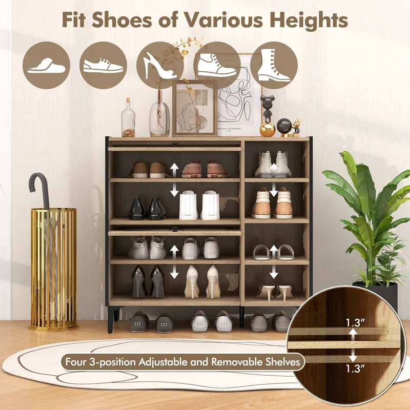 Shoe Rack Organizer With Flip-Up Doors, Adjustable Shelves, Oak