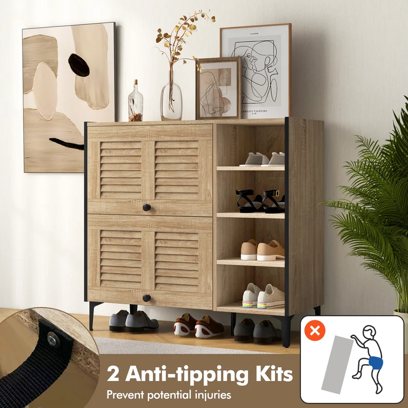 Shoe Rack Organizer With Flip-Up Doors, Adjustable Shelves, Oak