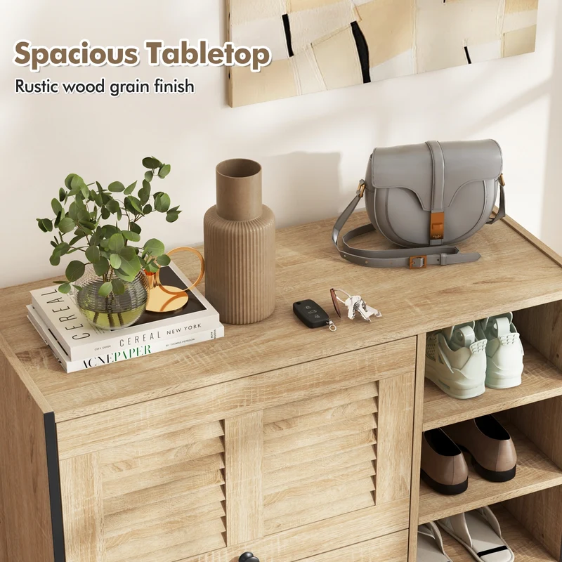 Shoe Rack Organizer With Flip-Up Doors, Adjustable Shelves, Oak
