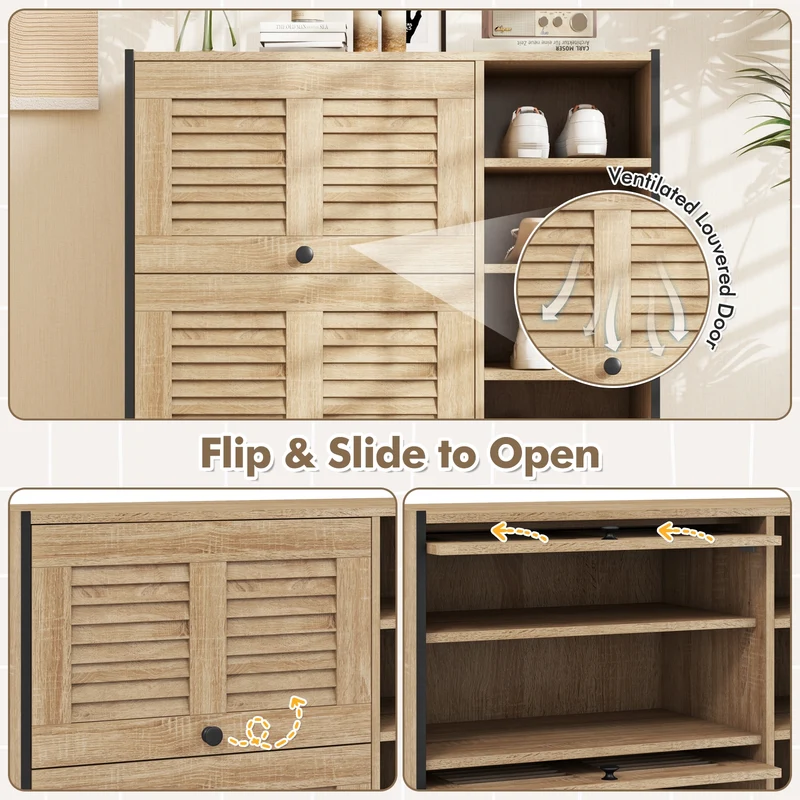 Shoe Rack Organizer With Flip-Up Doors, Adjustable Shelves, Oak