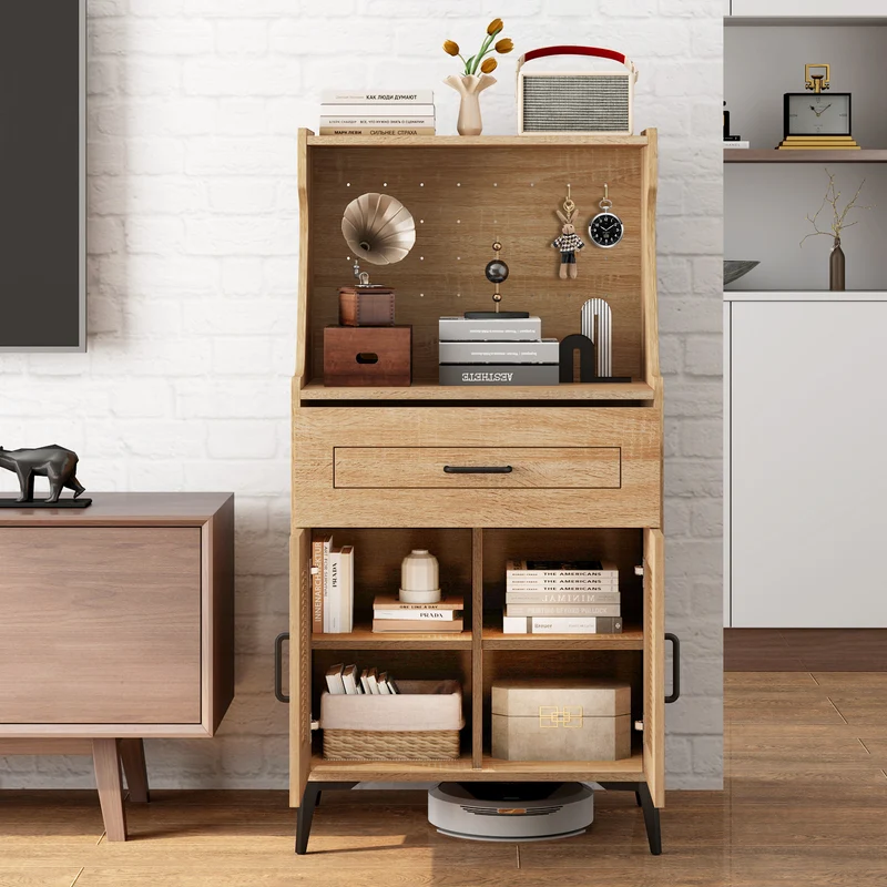 Coffee Bar Cabinet With Pegboard, Storage Drawer, Adjustable Shelf, Oak