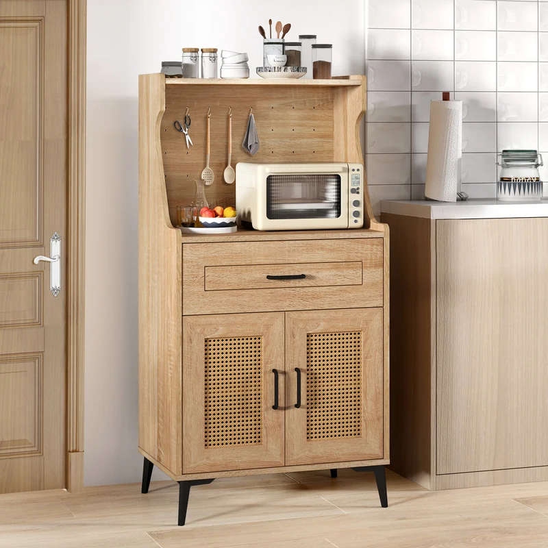 Coffee Bar Cabinet With Pegboard, Storage Drawer, Adjustable Shelf, Oak