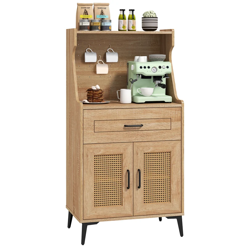 Coffee Bar Cabinet With Pegboard, Storage Drawer, Adjustable Shelf, Oak