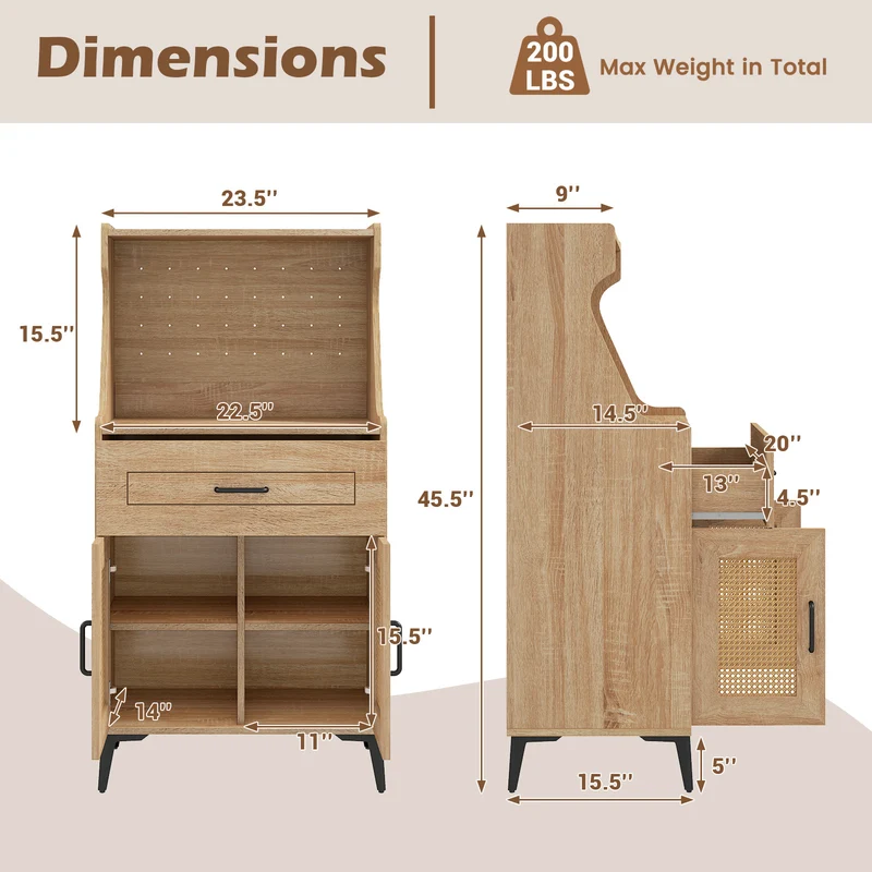 Coffee Bar Cabinet With Pegboard, Storage Drawer, Adjustable Shelf, Oak