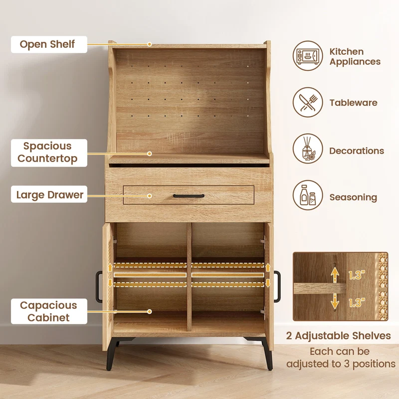 Coffee Bar Cabinet With Pegboard, Storage Drawer, Adjustable Shelf, Oak