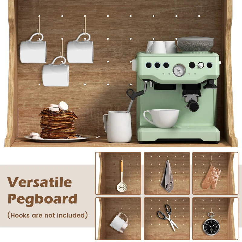 Coffee Bar Cabinet With Pegboard, Storage Drawer, Adjustable Shelf, Oak
